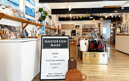 Home goods, art, cutting boards, candles, and gifts on display in Masterson Made.
